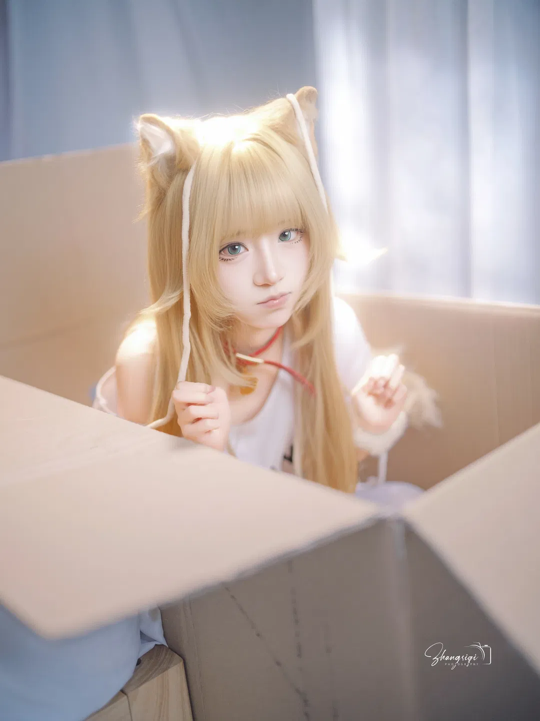 纸箱毛线球与白丝猫耳，慵懒居家风cosplay - 第 4 张