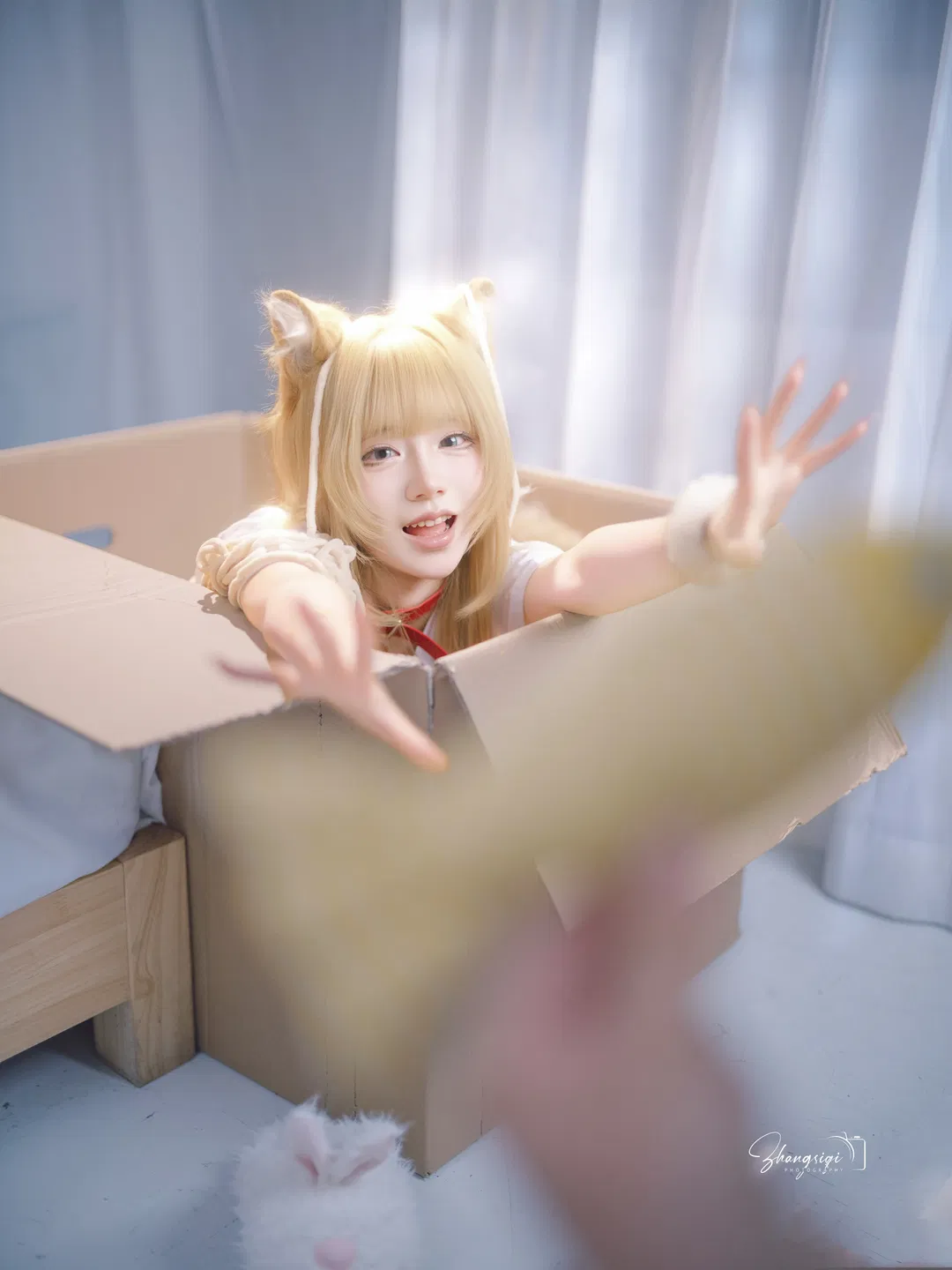 纸箱毛线球与白丝猫耳，慵懒居家风cosplay - 第 7 张
