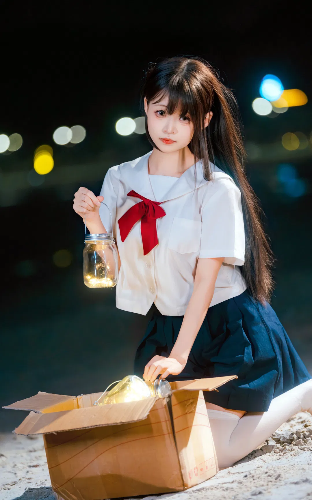 夜海提灯JK制服写真 氛围感夜景人像记录 - 第 2 张