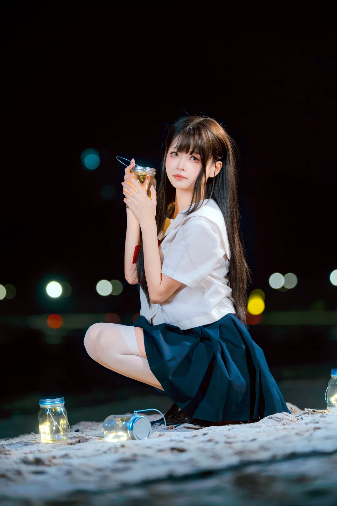 夜海提灯JK制服写真 氛围感夜景人像记录 - 第 3 张