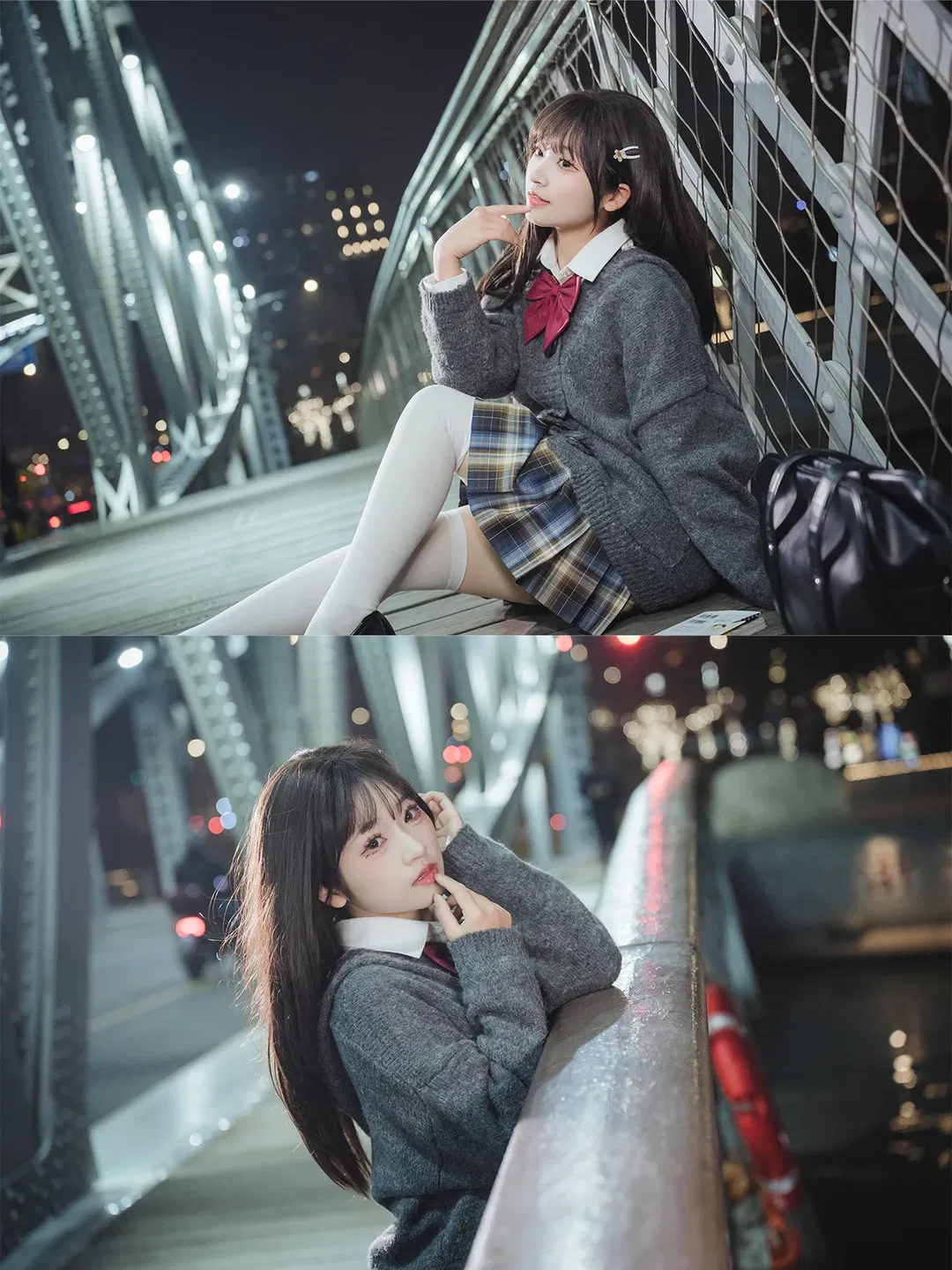 深夜橋邊的JK制服夜景人像 - 第 5 張