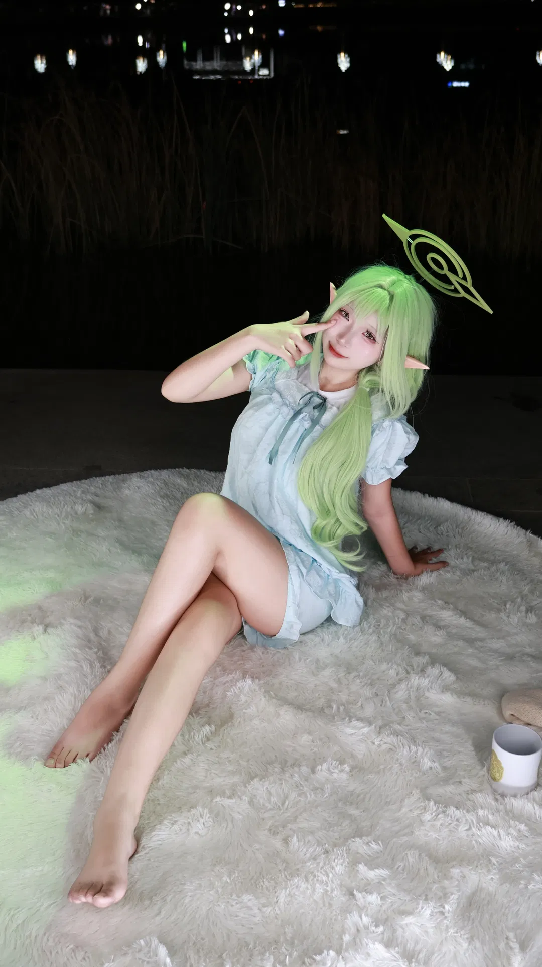 夜风中的蔚蓝档案橘望，浅蓝色家居服与绿色光环的奇妙碰撞 - 第 2 张