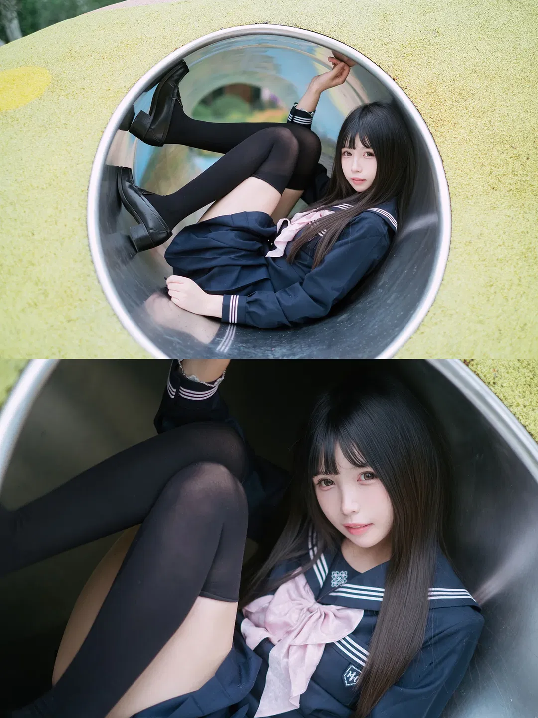 雨停后的水手服黑丝写真，游乐场滑梯拍摄日记 - 第 2 张