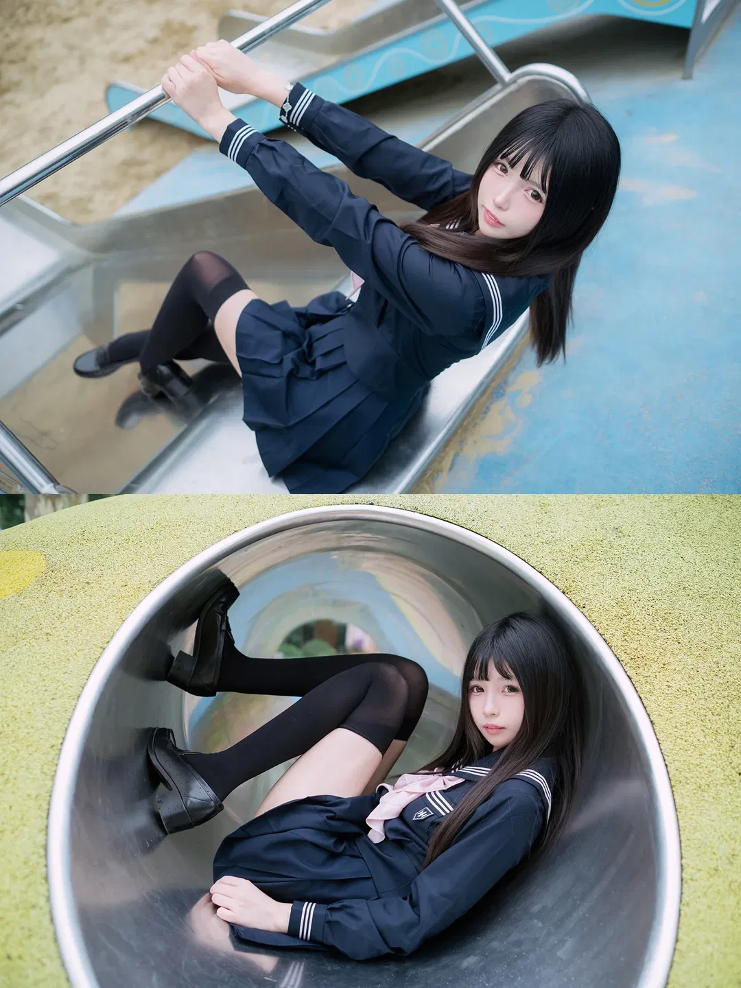 雨停后的水手服黑丝写真，游乐场滑梯拍摄日记 - 第 5 张