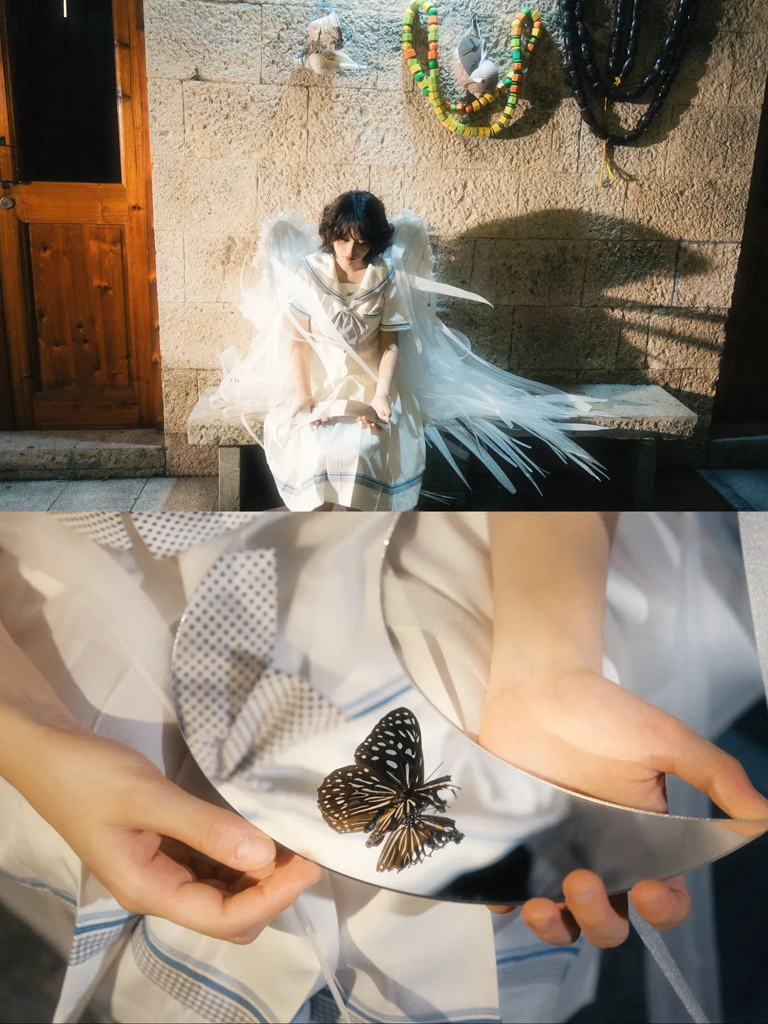 夜幕下的纯白羽翼与水手服夜景氛围感写真 - 第 3 张