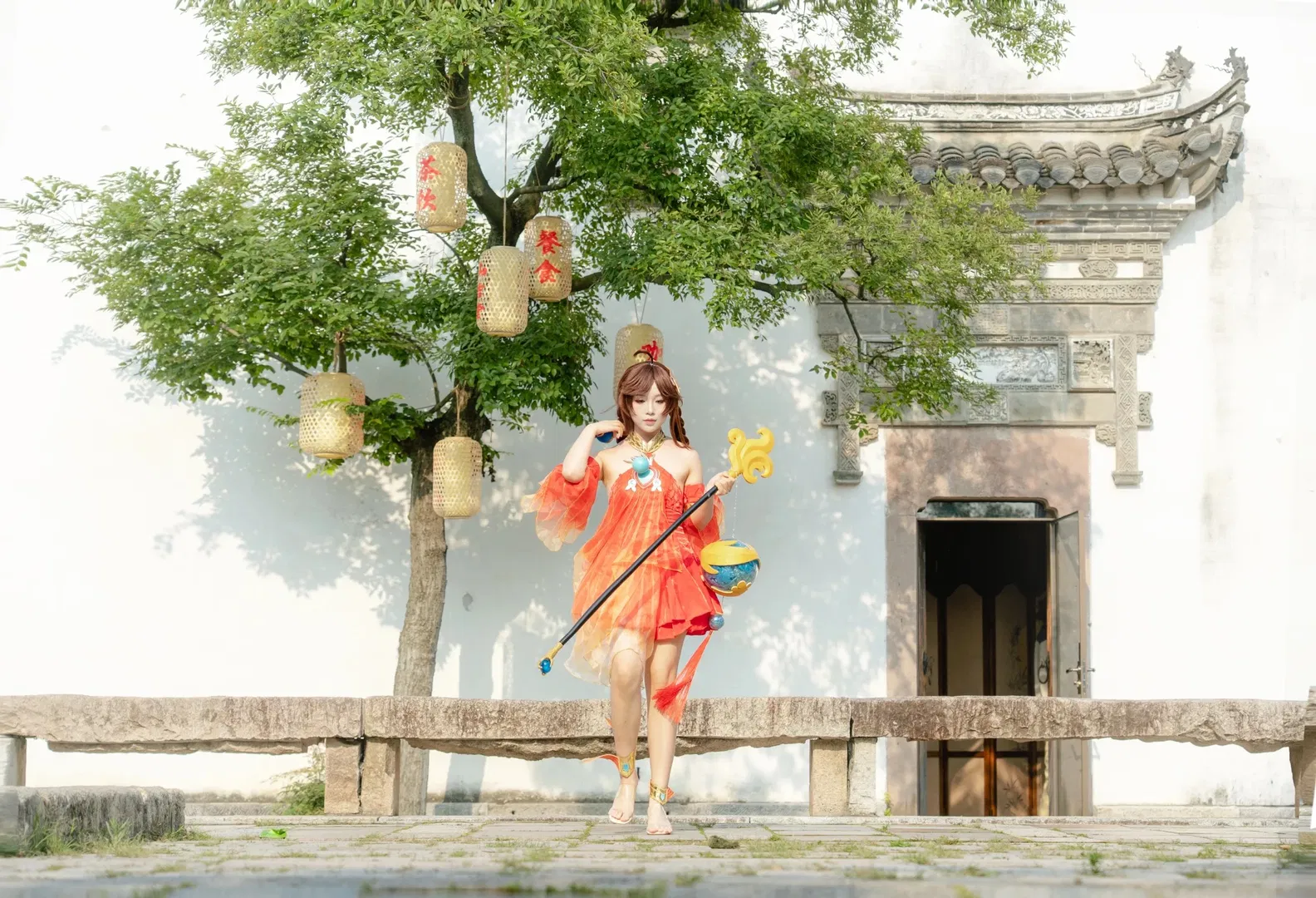 【大乔cos】橘红纱裙与中式庭院的光影记录 - 第 4 张