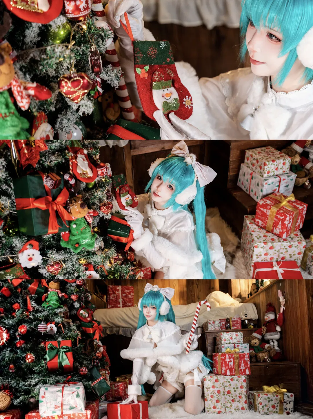 【初音未来cos】圣诞白毛绒穿搭与木屋氛围 - 第 1 张