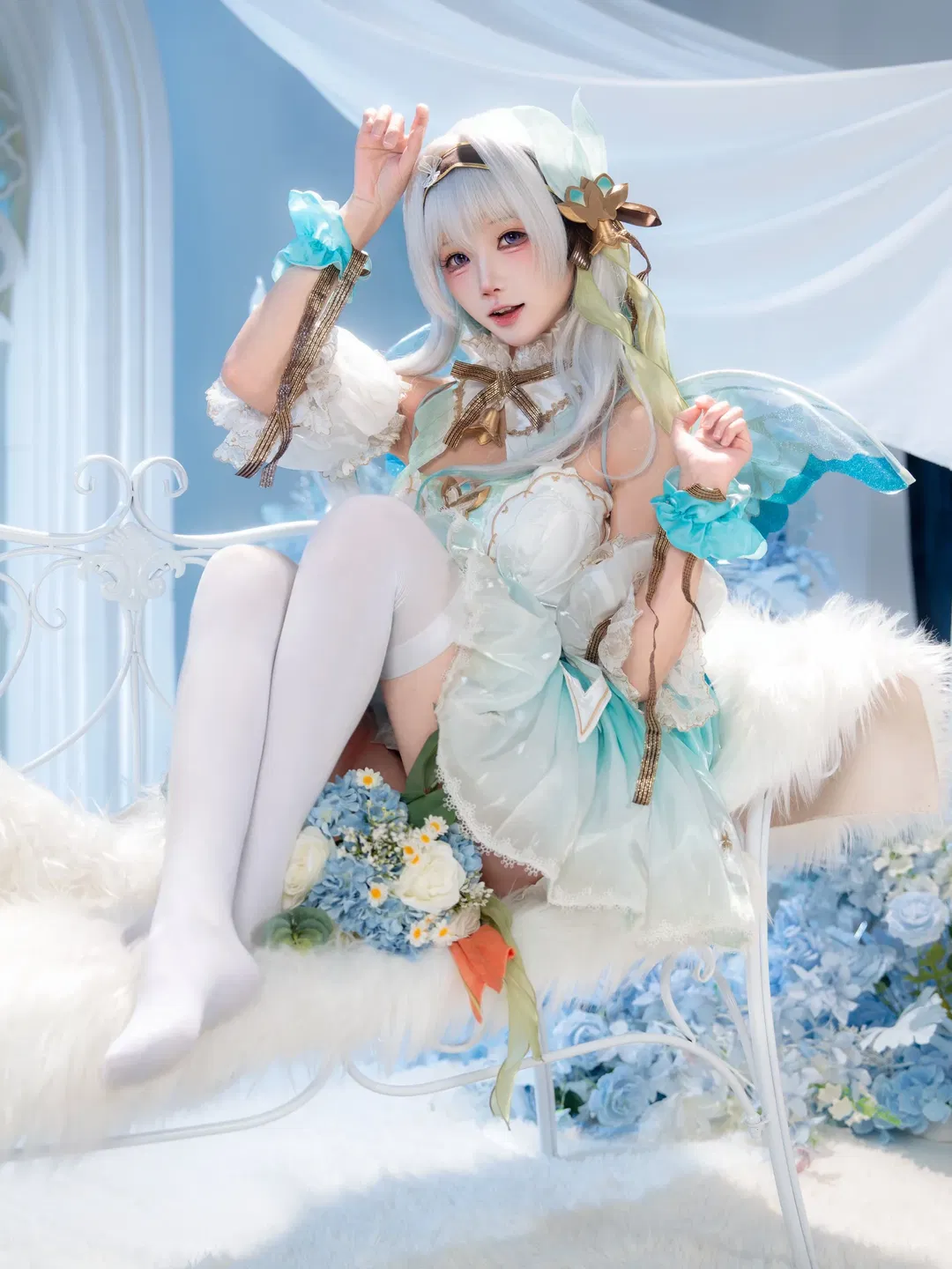 【流萤cos】薄荷绿精灵洋装搭配白丝，打造梦幻棚拍体验 - 第 2 张