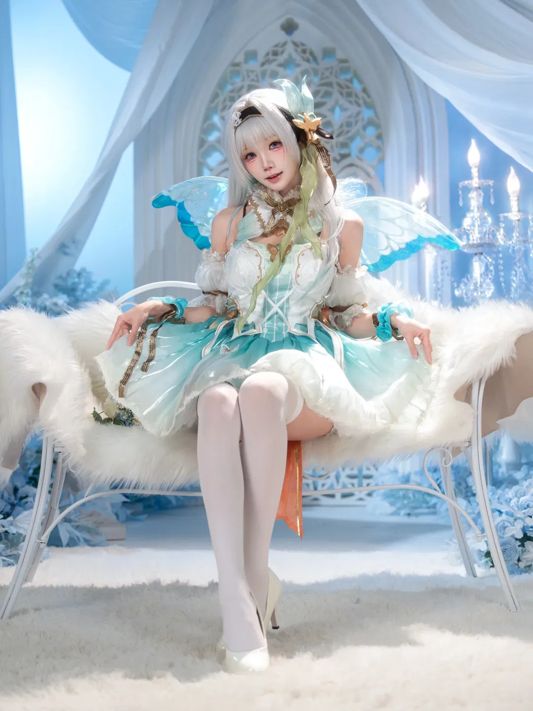 【流萤cos】薄荷绿精灵洋装搭配白丝，打造梦幻棚拍体验