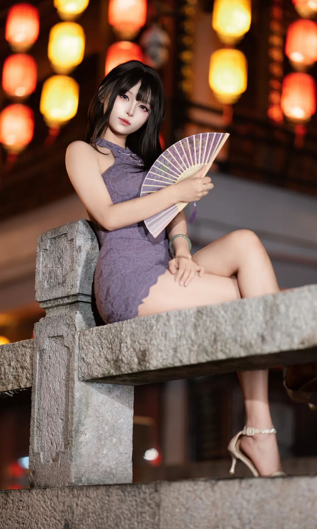 紫色蕾絲旗袍夜景，和大姐姐一起逛街拍照 - 第 1 張