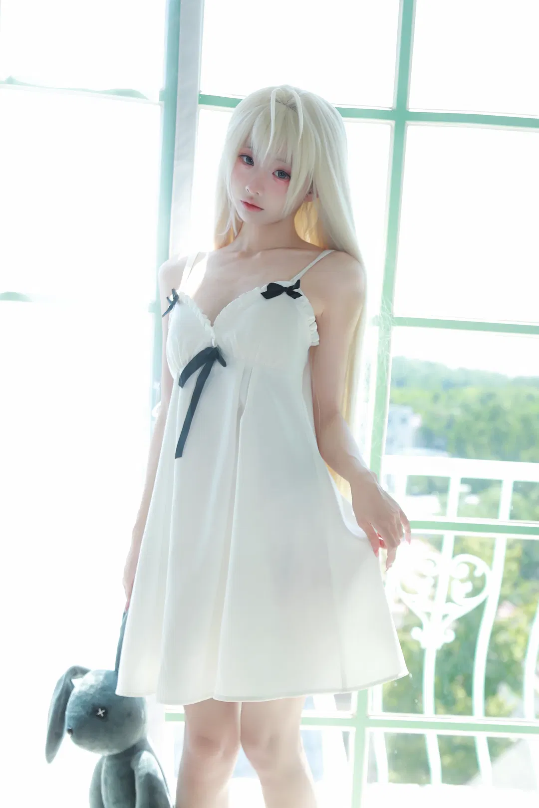 【春日野穹cos】缘之空穹妹睡衣，黑白蝴蝶结与蓝兔子的治愈时光 - 第 1 张