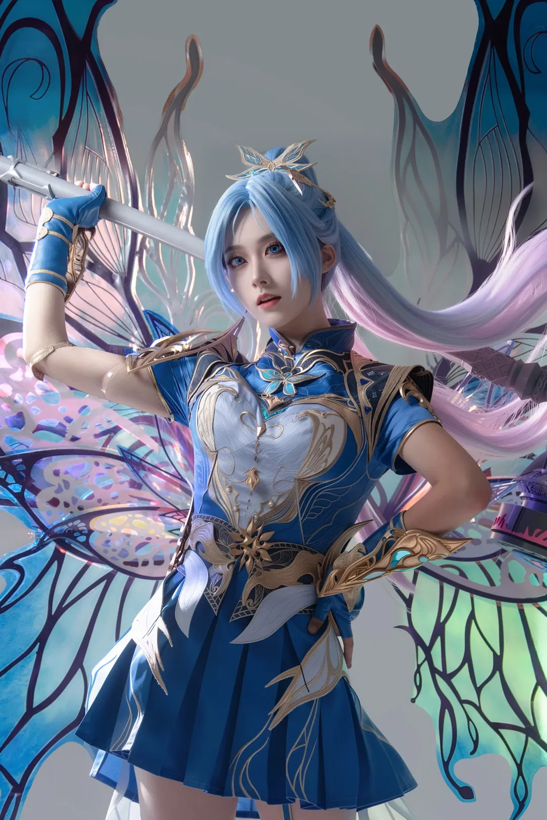 【王冬儿cos】扛着重锤的白棚光影记录，蓝金战袍太飒了 - 第 1 张