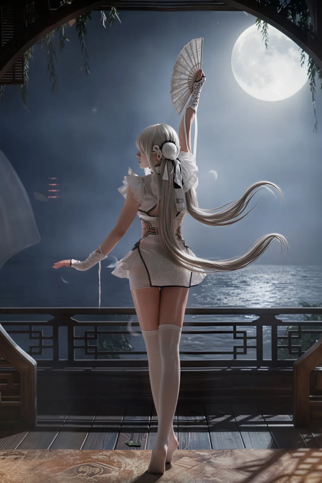 【殷紫萍cos】永劫无间里的白丝旗袍折扇少女 - 第 1 张