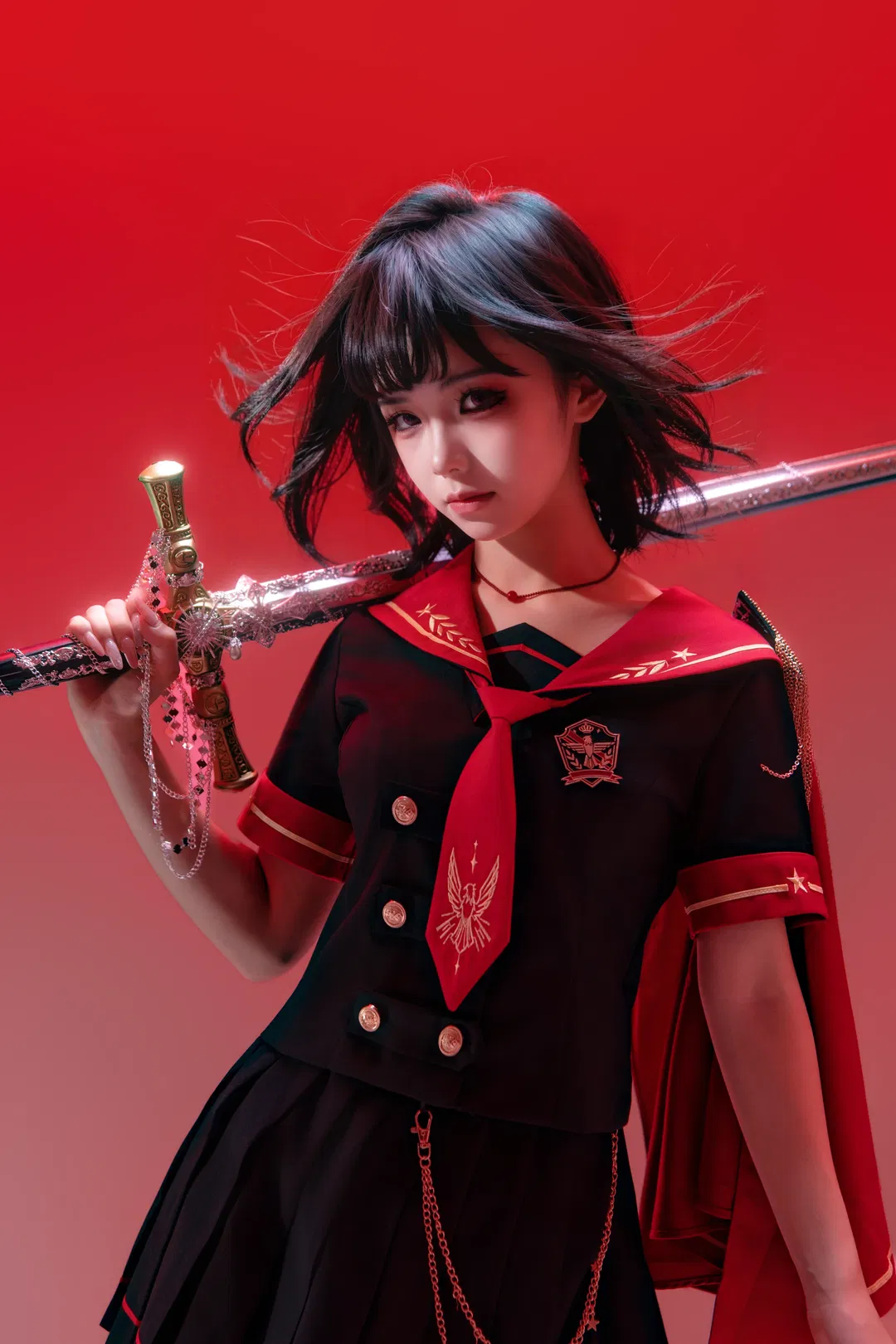 红黑军装风制服大剑棚拍，又飒又美的少女暴君九宫格 - 第 4 张