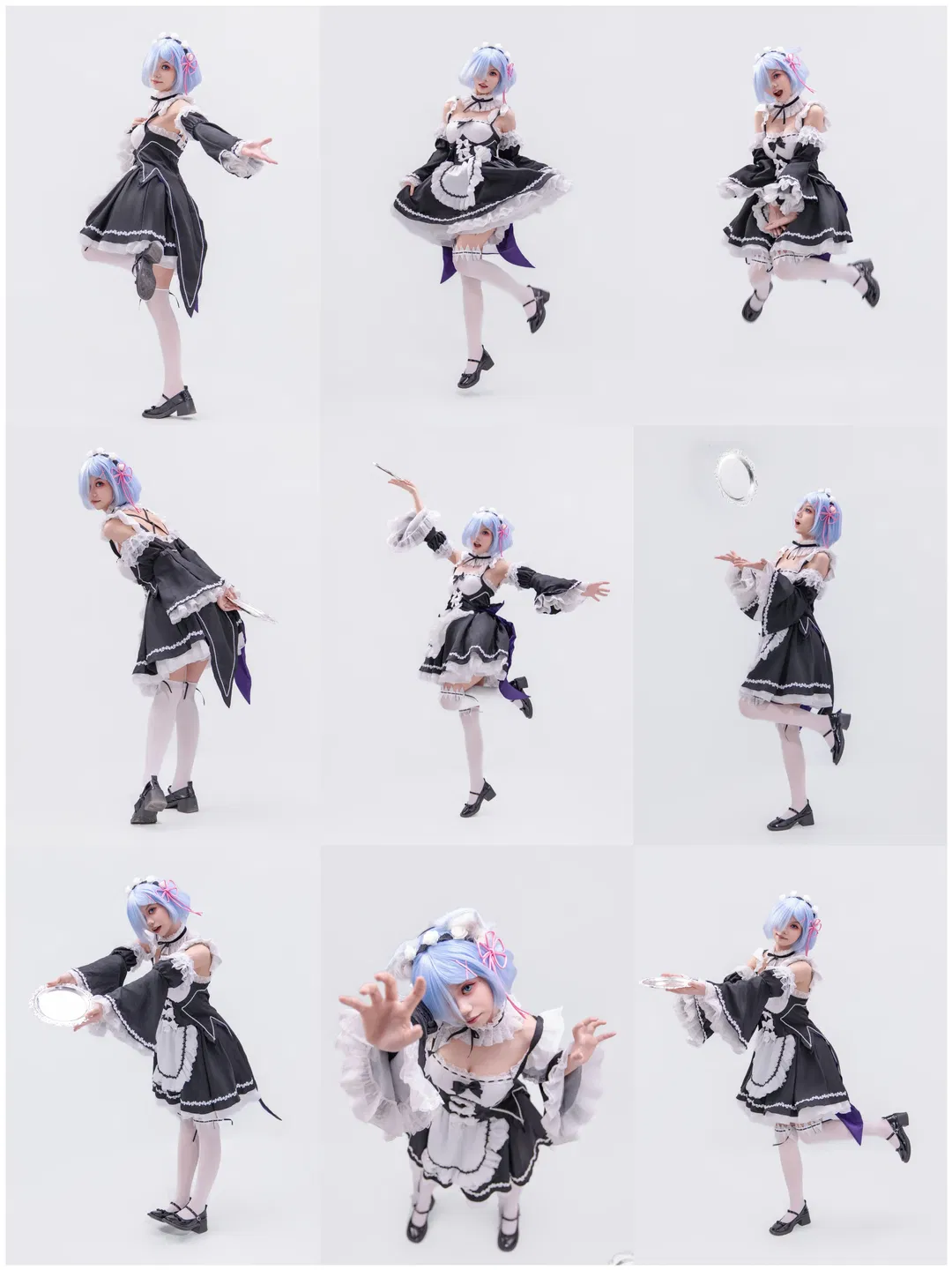 【蕾姆cos】经典黑白女仆装，托盘互动与九宫格动作分享 - 第 1 张