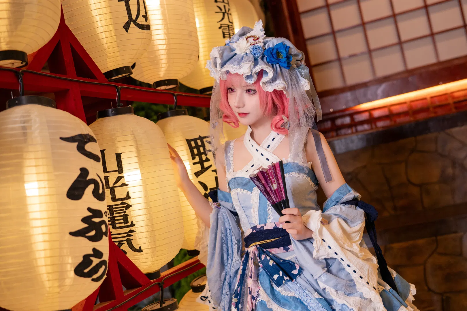 【西行寺幽幽子cos】东方project和风灯笼下的蓝白洋装 - 第 2 张