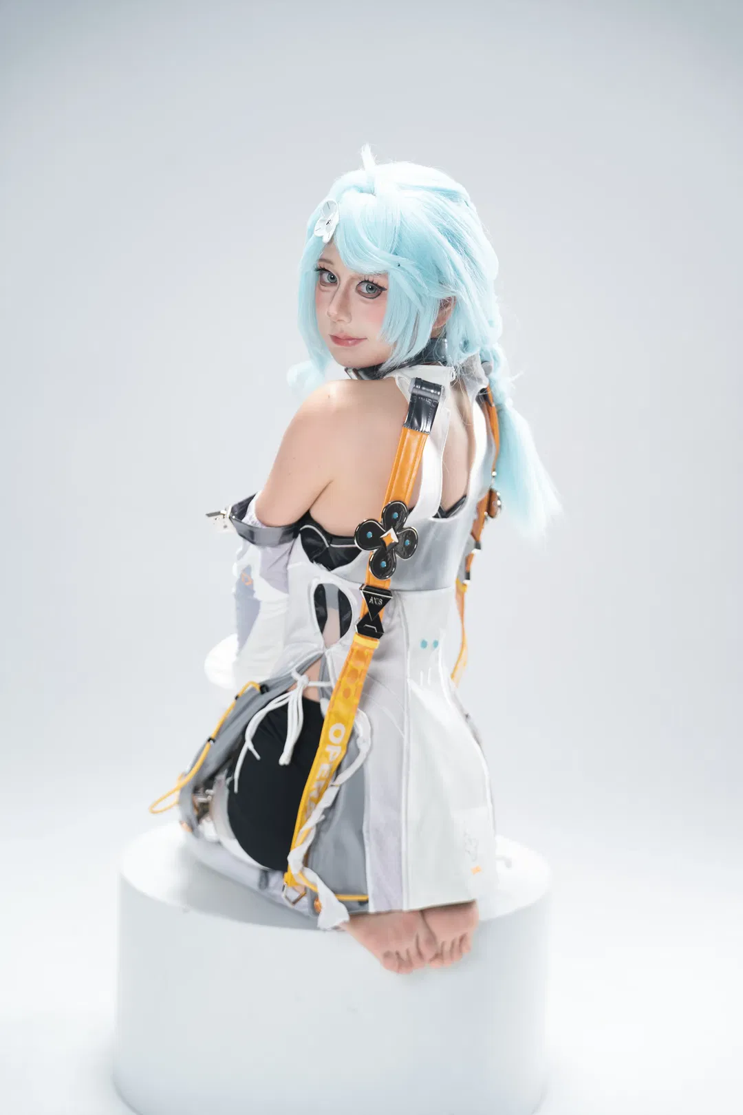 Blue-haired cosplay in white techwear: Studio photography archive of tactical aesthetics in cool chiaroscuro - Image 1