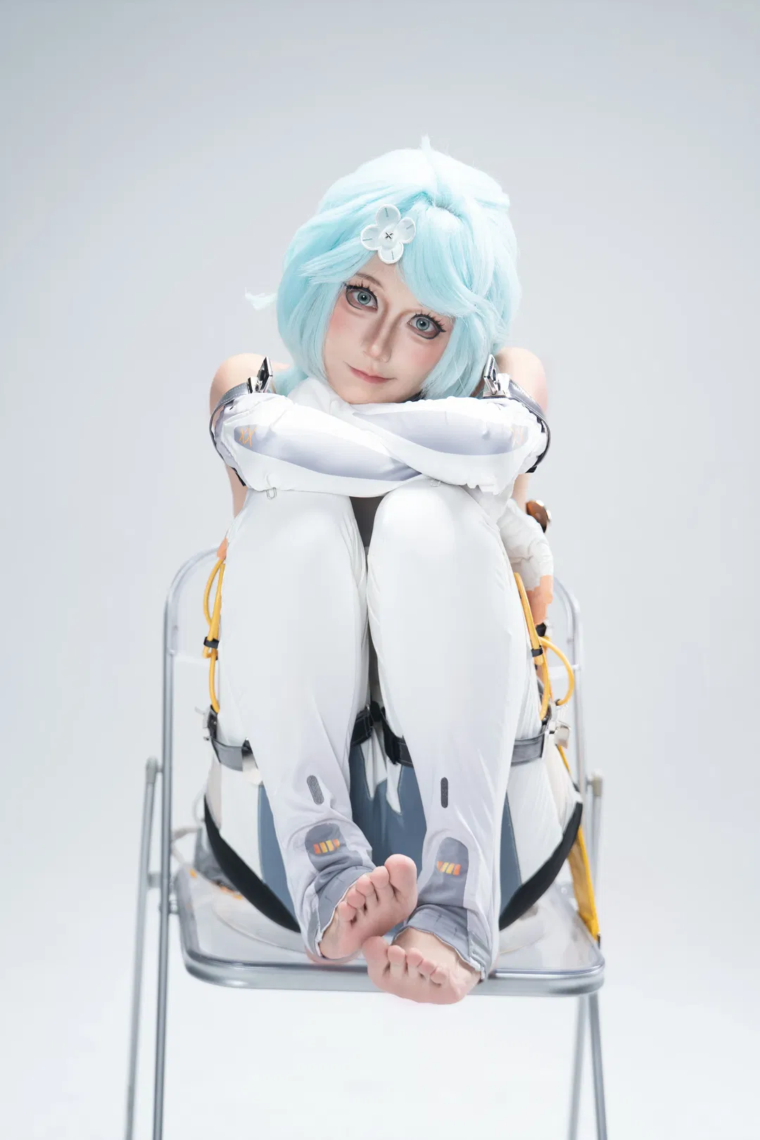 Blue-haired cosplay in white techwear: Studio photography archive of tactical aesthetics in cool chiaroscuro - Image 2