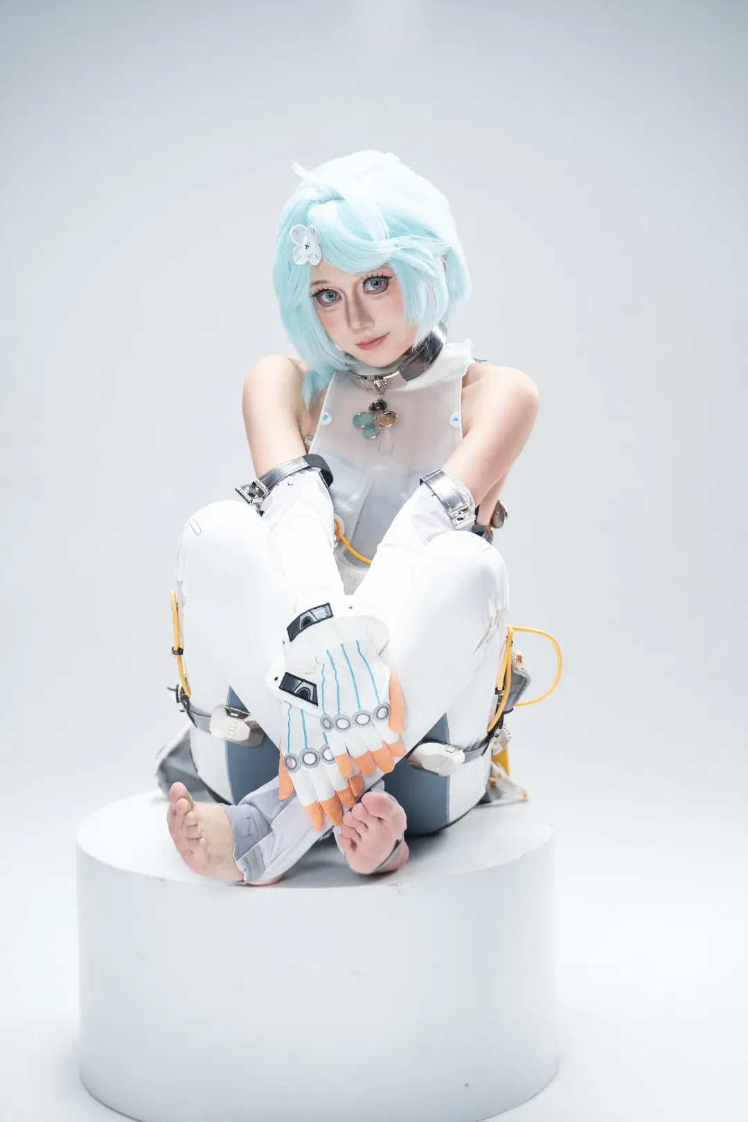 Blue-haired cosplay in white techwear: Studio photography archive of tactical aesthetics in cool chiaroscuro - Image 3