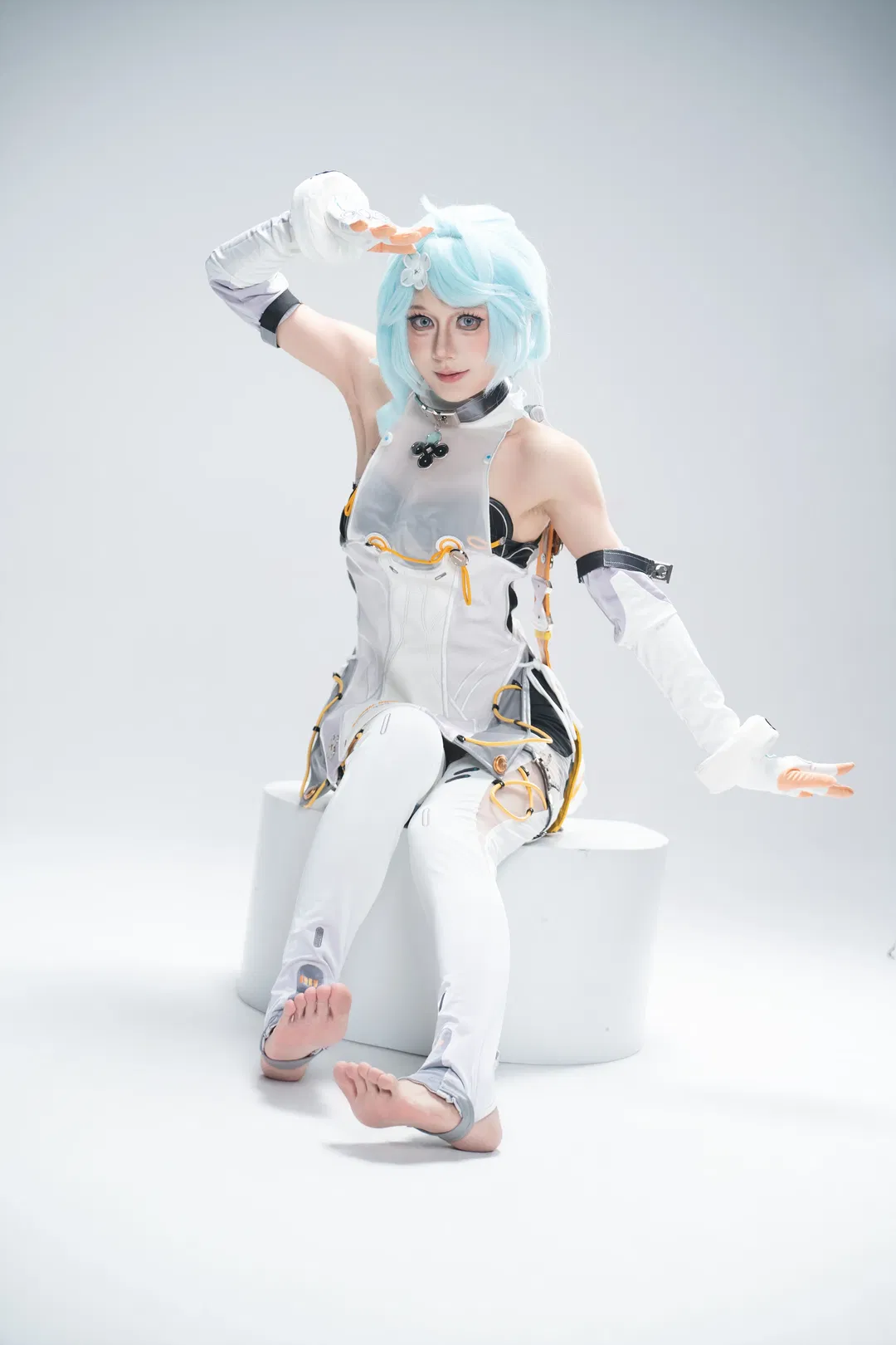 Blue-haired cosplay in white techwear: Studio photography archive of tactical aesthetics in cool chiaroscuro - Image 6