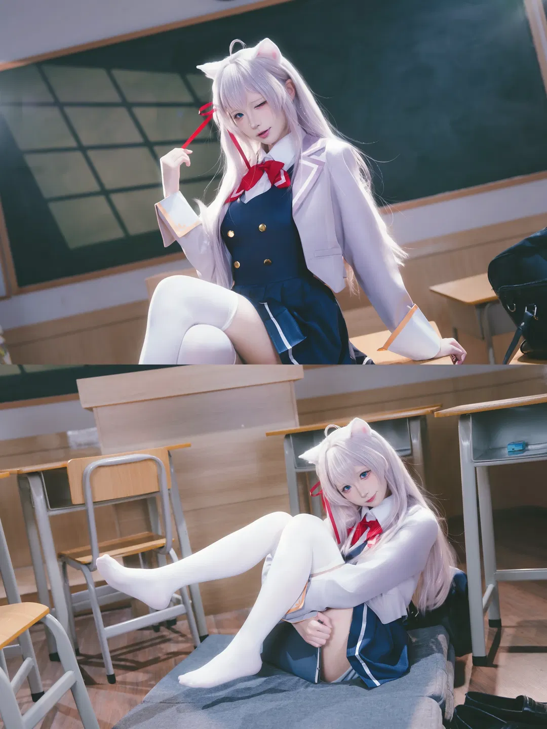 【艾莉cos】不时轻声地以俄语遮羞的邻座艾莉同学，教室光影下的白丝制服少女 - 第 6 张