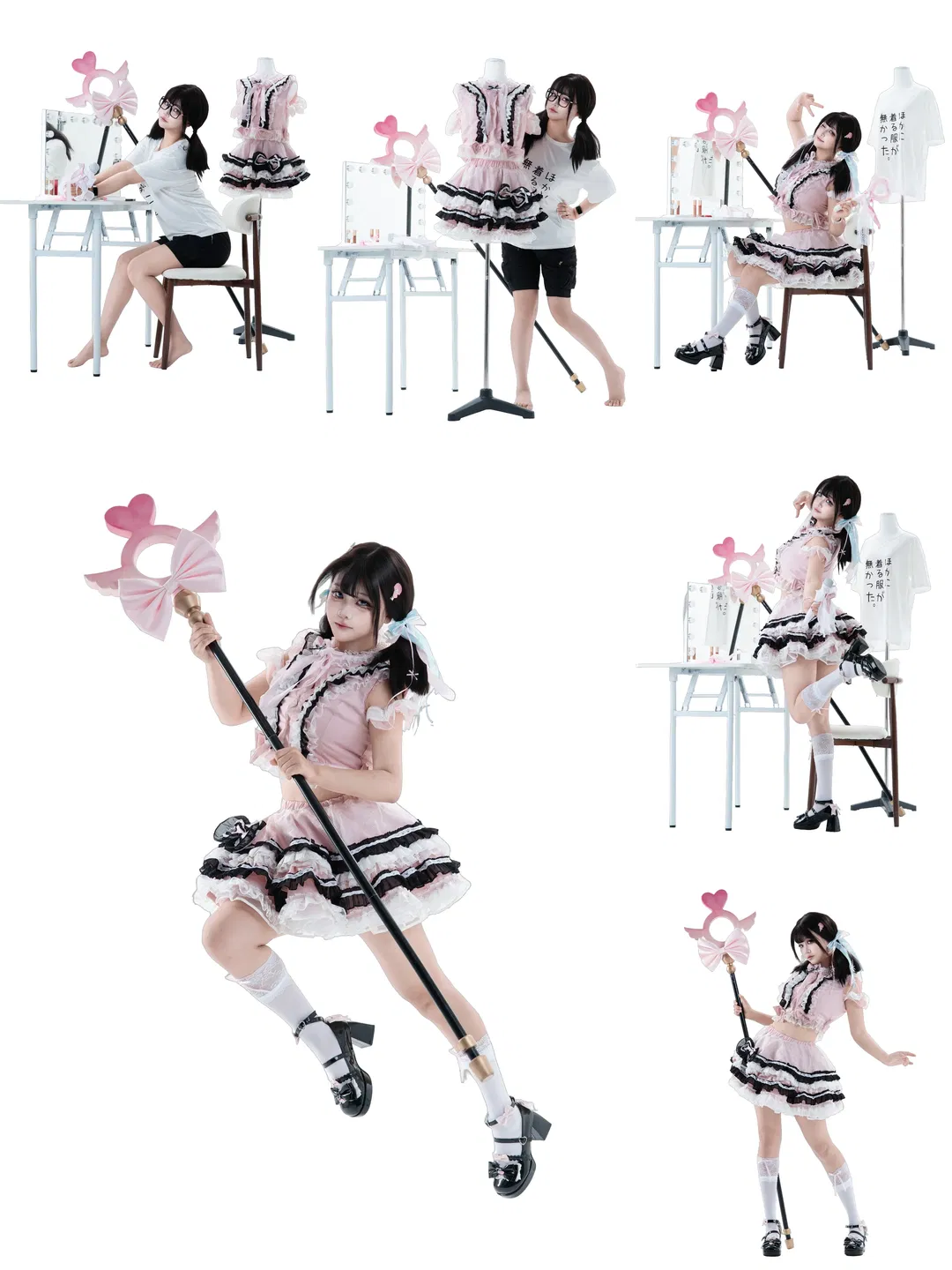 魔法少女偶像风白棚棚拍，粉色洛丽塔搭配白丝过膝袜 - 第 1 张